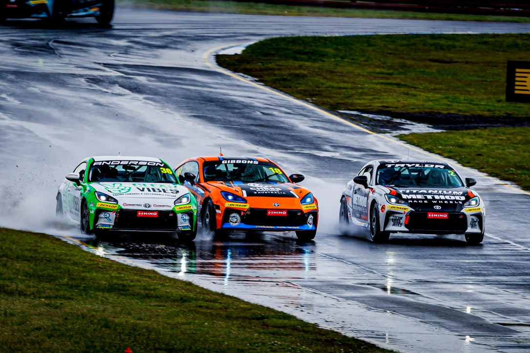 Three-wide in the wet in the Toyota GR Cup