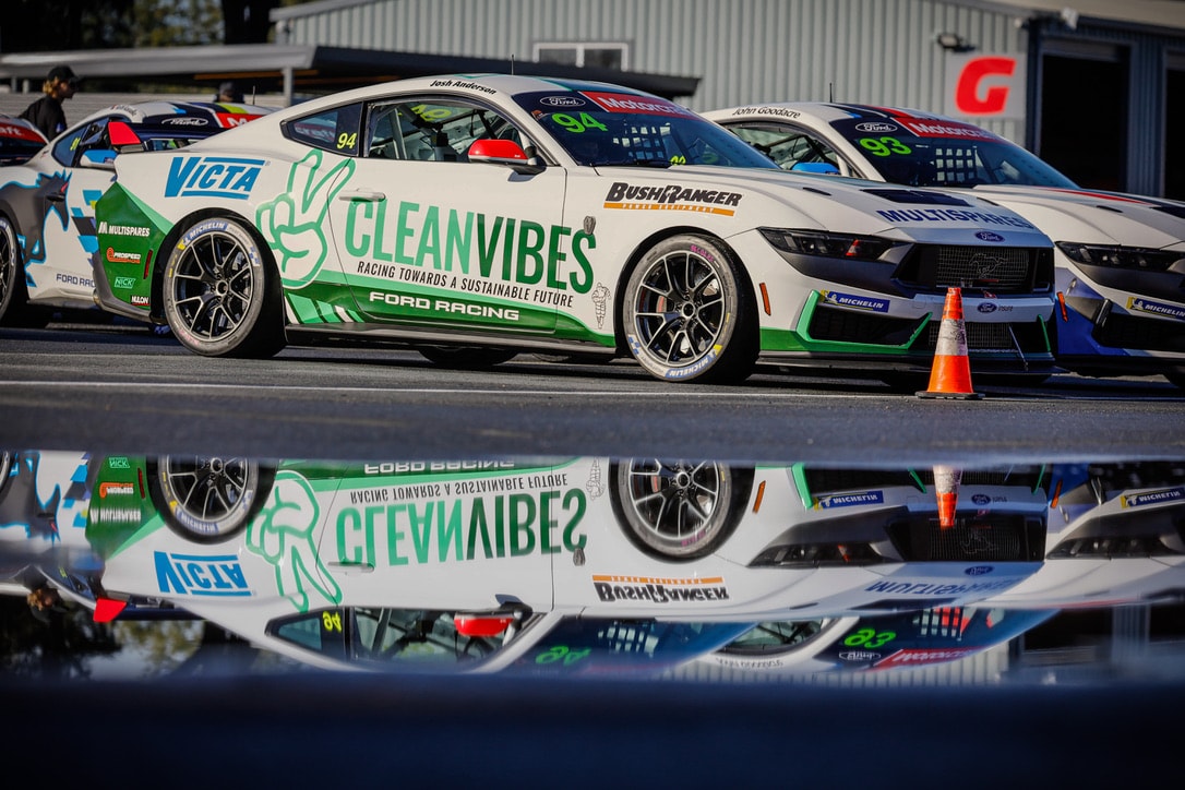 The #94 Mustang in the pit lane before a race