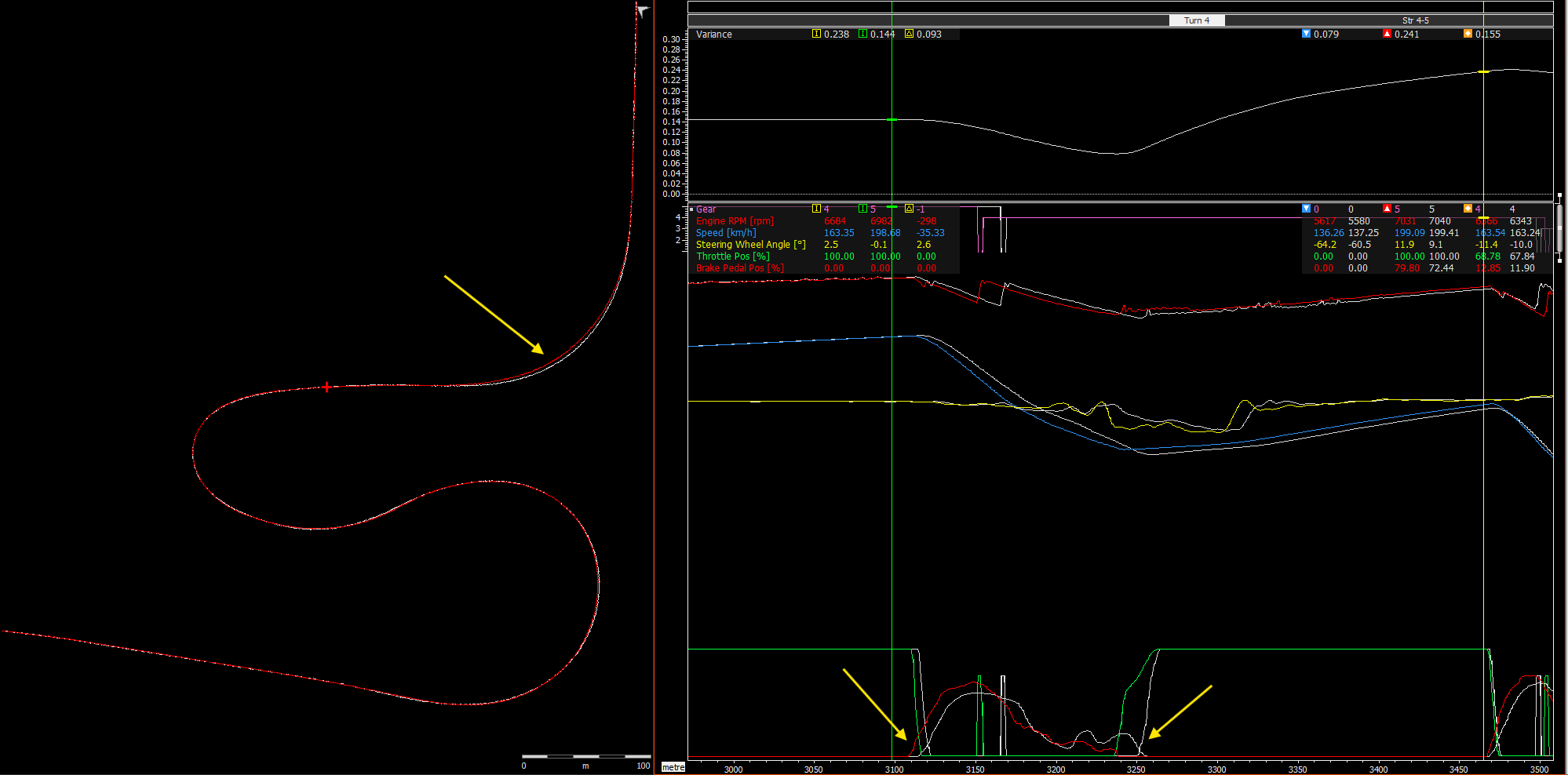 MoTeC comparison trace showing two laps overlaid, with variance and driver inputs annotated
